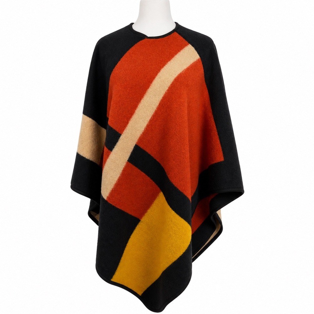 Vince Camuto Poncho Colorblock Wool Blend M/L Black Orange Geometric Cape